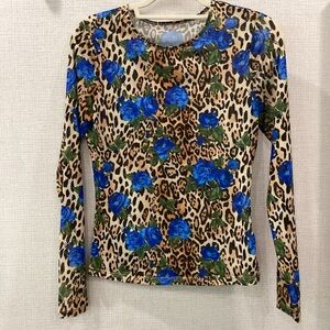 Leopard Print Mesh Long Sleeve Top with Blue Roses